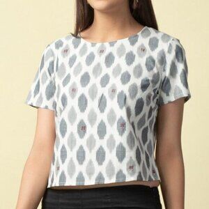 FABINDIA | 100% Cotton Boxy Bead Embroidered Ikat Crop Top Gray Sz M